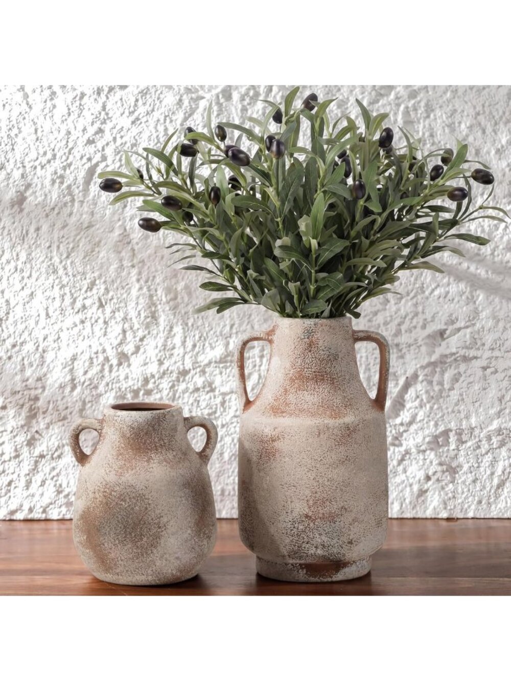 Set of 2 Rustic Ceramic Vases with Handle - Farmhouse Boho Home Decor, 11" & 7.5